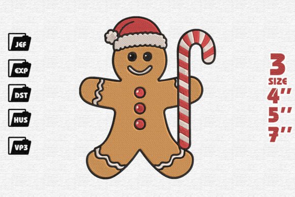 Classic Christmas Gingerbread Man with Candy Cane Embroidery Design