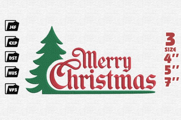 Classic Merry Christmas with Pine Tree Embroidery Design