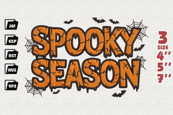 Cracked Spooky Season Halloween Embroidery Design with Bats and Webs