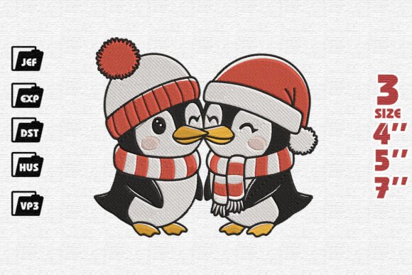 Cute Kissing Penguin Couple Christmas Embroidery Design