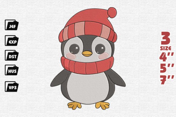 Cute Winter Penguin in Striped Beanie Embroidery Design