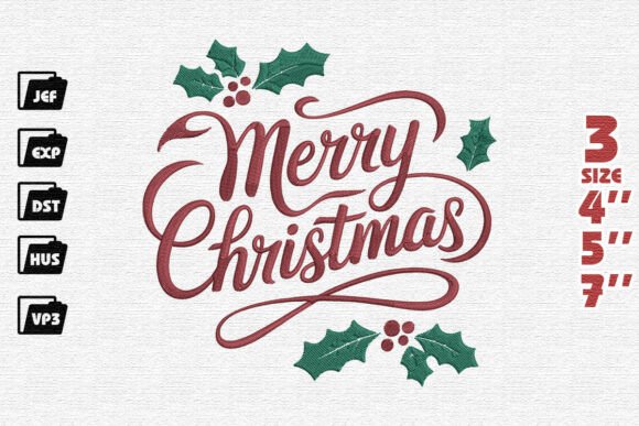 Elegant Merry Christmas Script with Holly Embroidery Design