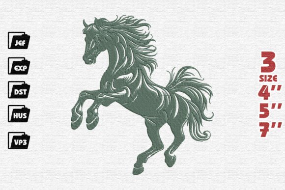 Elegant Stylized Rearing Horse Embroidery Design in Sage Green