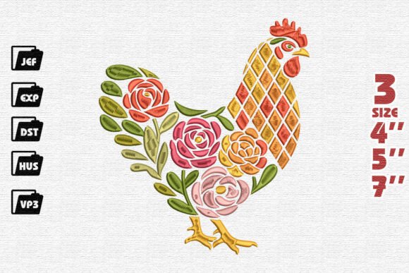 Folk Art Floral and Geometric Rooster Embroidery Design