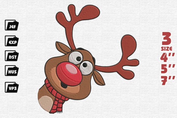 Goofy Peeking Christmas Reindeer with Plaid Scarf Embroidery Design