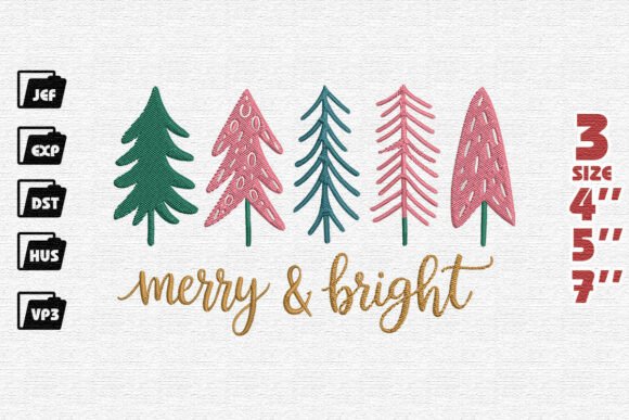 Merry Bright with Stylized Christmas Trees Embroidery Design