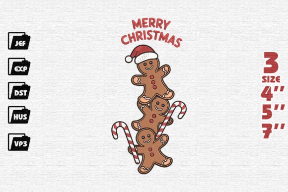 Merry Christmas Gingerbread Man Stack with Candy Canes Embroidery Design