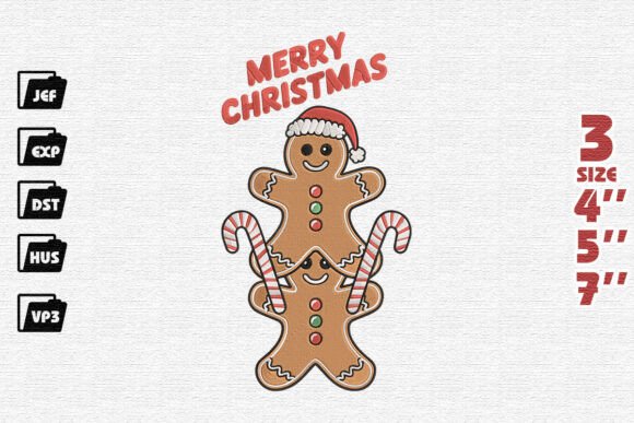 Merry Christmas Gingerbread Men Stack with Candy Canes Embroidery Design