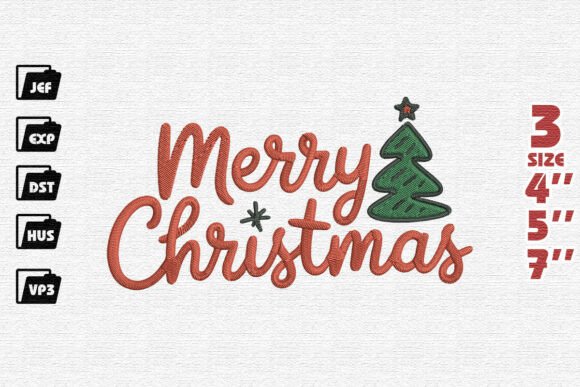 Modern Merry Christmas Script with Tree Embroidery Design