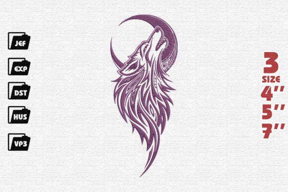 Ornate Howling Wolf and Moon Embroidery Design in Plum