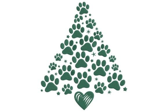 Paw Print Christmas Tree Embroidery Design in Green