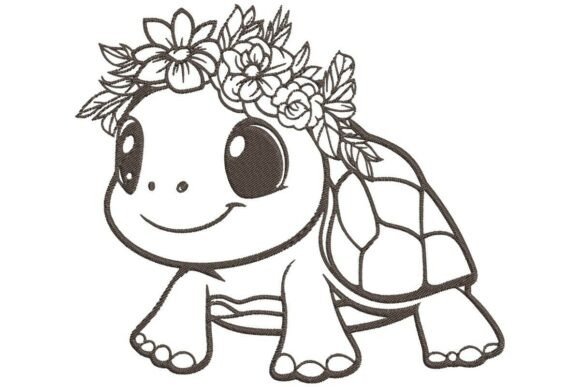 Sweet Tortoise with Flower Wreath Embroidery Design
