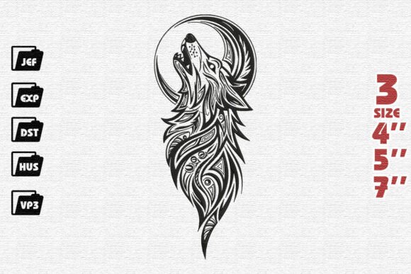Tribal Howling Wolf and Moon Embroidery Design