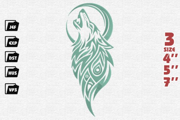 Tribal Howling Wolf and Moon Embroidery Design in Mint Green
