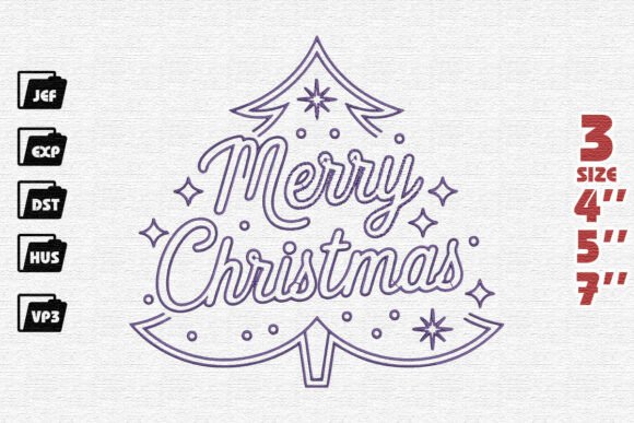Whimsical Merry Christmas Tree Typography Embroidery Design